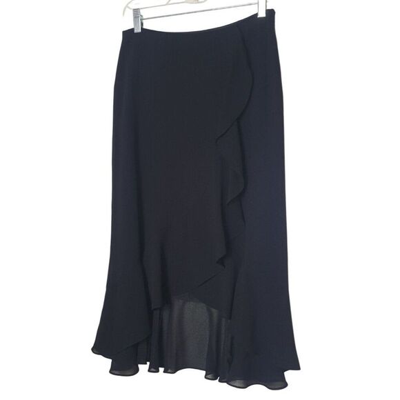 XSCAPE Women's Midi Skirt Sz 10 Black Chiffon Asymmetrical Ruffle Chic Formal - Picture 1 of 9